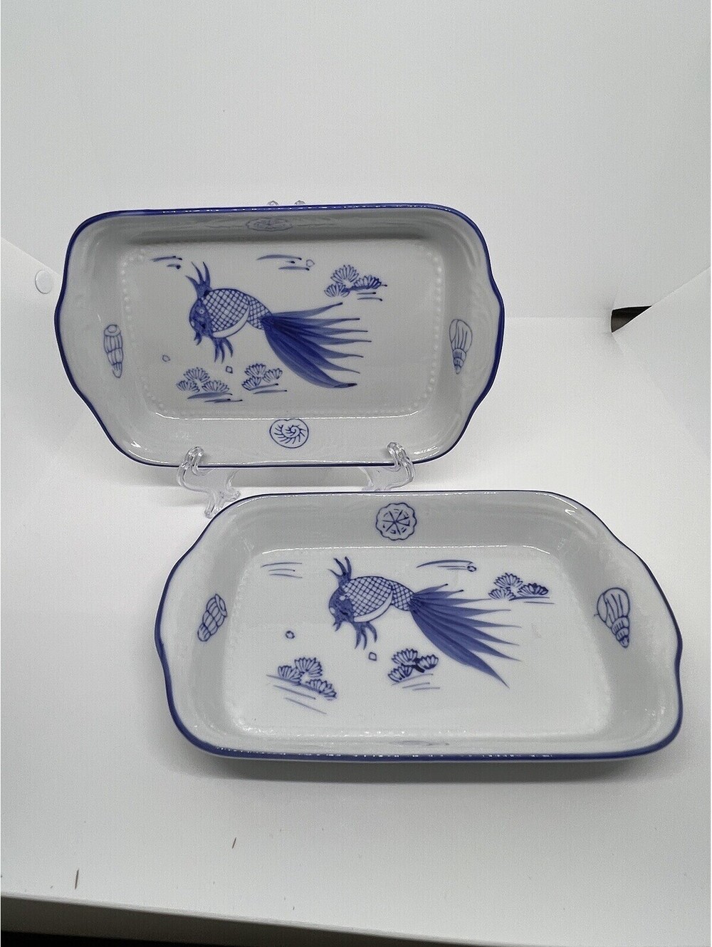 Vintage Rectangle Pottery Plate Blue & White Fishes Serving Dish X 2